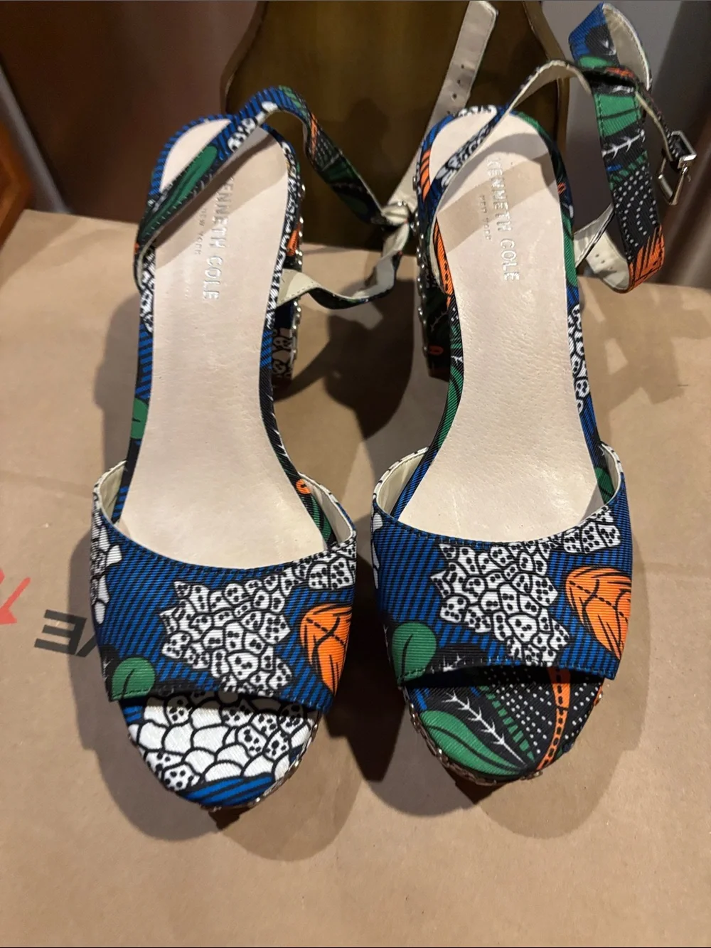 Kenneth Cole Blue, Green & Orange Floral Platform Sandals